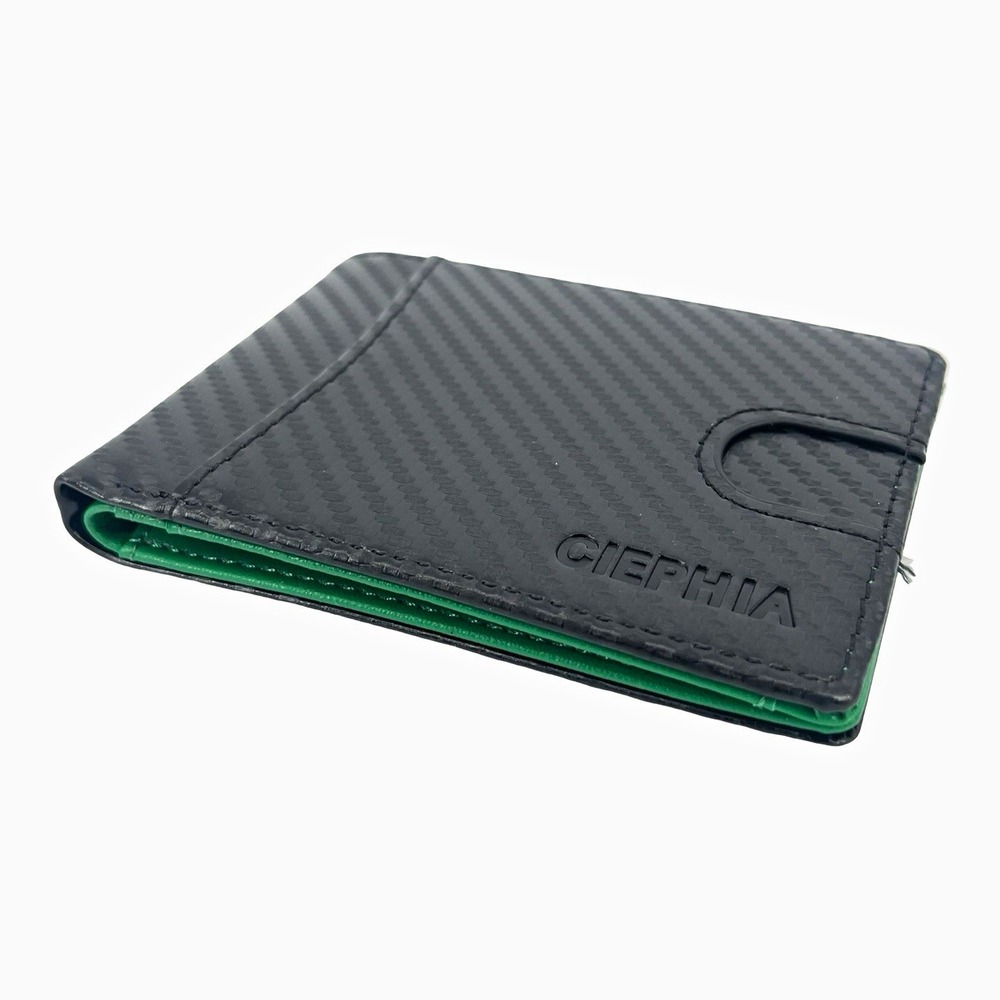 CIEPHIA Mens Bifold Wallet Black Green Carbon Fiber Look ID Window Slim EDC